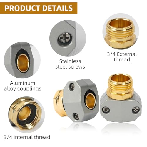 HASTHIP® Garden Hose Adapter Repair Kit Aluminum Alloy Connectors Male/Female Fittings Fits 5/8" and 3/4" Hoses Rust-resistant Aluminum Alloy Garden Hose End Mender