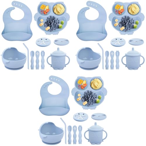 SNOWIE SOFT® Baby Feeding Set 30PCS Food Grade Toddlers Silicone Plate Sipping Cup Bowl with Bib Cutleries Self-Feeding Tableware Sterilizable Blue