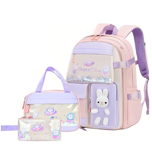 PALAY® Backpack for Girls Cute Bookbag Set with Lunch Box Pencil Case Kawaii Bunny School Backpacks 3 Pcs Kindergarten Elementary Preschool Middle Sequin School Bag for Girls