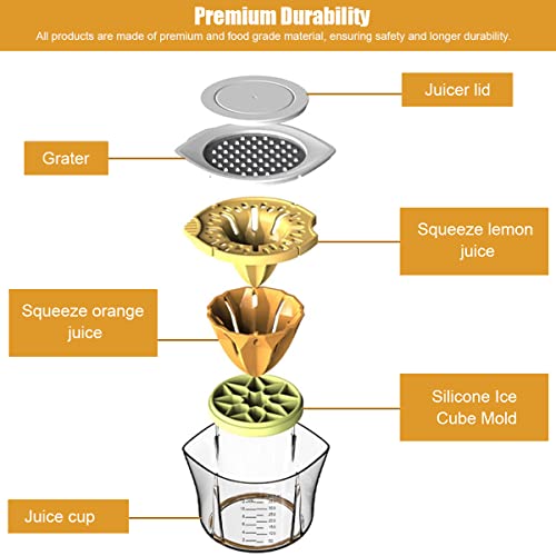 Supvox® 5 in 1 Manual Juicer with Strainer and Silicone Ice Mold, Multi-Function Citrus Juicer, Orange Juicer with Measuring Cup, Grater, Fresh Fruit Juice Press for Bar, Kitchen