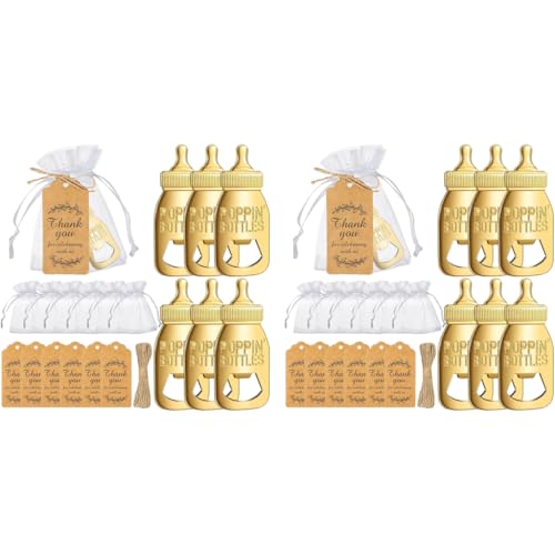 SNOWIE SOFT® 12PCS Baby Shower Return Gifts Thank You Golden Bottle Shaped Opener Creative Babies Birthday Decoration Token with Cards Drawstring Bags