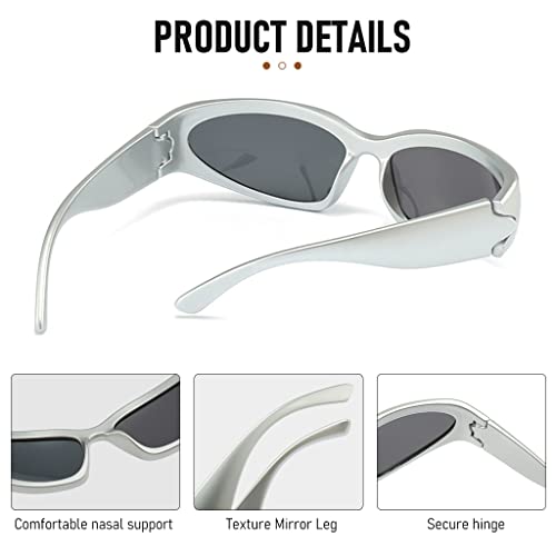 GUSTAVE® Stylish Polarized Sunglasses for Men Women Riding Sunglasses Stylish Cyberpunk Sport Sunglasses Silver Frame Grey Lens Sunglasses Fashion Accessory Goggles for Men Stylish