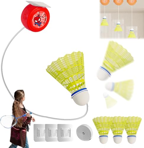 Proberos® Badminton Training Device Set, with 6 Badmintons and Strings Kit, Reaction Training Device Self-Adhesive Simple Hanging-No Racket, for Children -Red