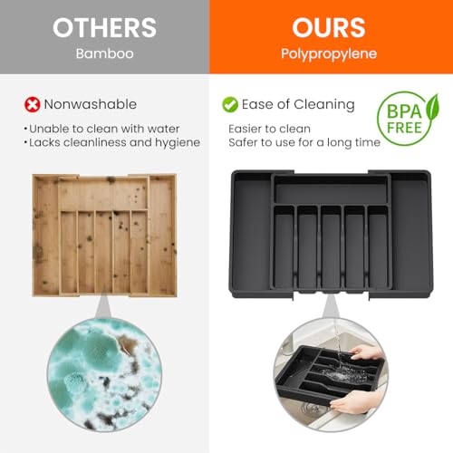 Supvox Kitchen Drawer Divider Organizer Silverware Holder Telescopic Cutlery Organizer Tray PP Silverware Holder for Spoons, Forks, Cutter, Butter Spatulas, 13-22.4 inches Adjustable Width