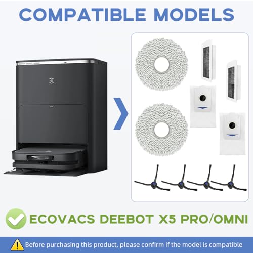 HASTHIP® Replacement Vacuum Cleaner Accessories for Ecovacs Deebot, Includes 2 HEPA Filters, 2 Dust Bags, 2 Mop Pads, 4 Side Brushes, Universal Fit for X5 Pro, X5 Omni, 2 PCS
