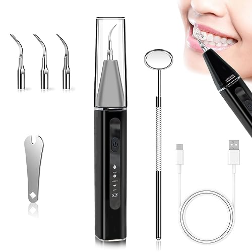 HANNEA® Teeth Whitening Kit Electric Tartar Remover with LED, Teeth Stain Remover with 3 Working Modes, Teeth Cleaning Kits With 4 Stainless Steel Bits, Oral Mirror, Black