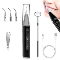 HANNEA® Teeth Whitening Kit Electric Tartar Remover with LED, Teeth Stain Remover with 3 Working Modes, Teeth Cleaning Kits With 4 Stainless Steel Bits, Oral Mirror, Black