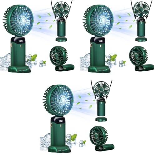 HASTHIP® Hand Fan Mini Handheld 3000mAh Rechargeable with 5 Speeds Battery Operated Foldable Desk Desktop Fans LED Display for Home Office Bedroom Outdoor Travel Green 3 PCS