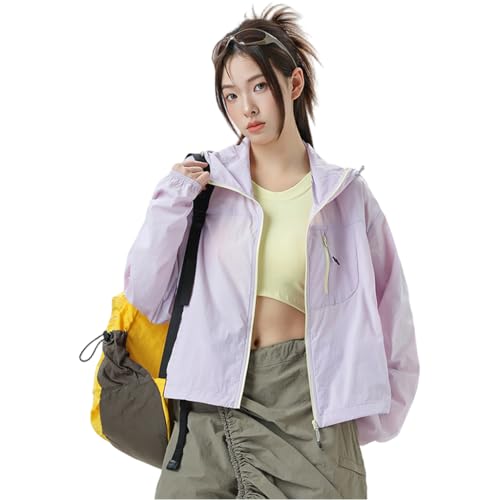 Venzina® UPF 50+ Sun Protection Jacket Stylish Cropped Sunscreen Top for Women Ultra-light Quick Dry Hoodie with Back Air Vent & Chest Zip Pocket, Water-Proof UV Coat for Outdoor, Light Purple, L