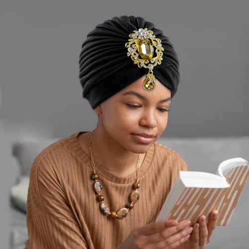 PALAY® Turban Cap for Women Skull Headwrap Alloy Crystal Tassel Hair Turban for Women Cozy Fabric Soft Head Cover Black Headwear for Wedding, Festival, Church