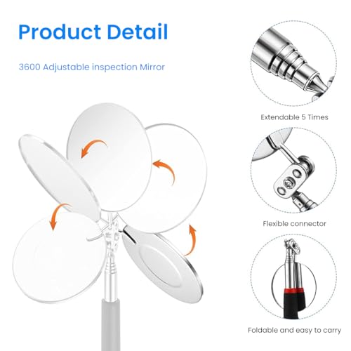 HASTHIP® Magnetic Pick Up Tools Set of 8PCS Telescopic Pickup with Flexible Spring Loaded Grabber Tool Telescopic Inspection Mirror Pocket Sticks Clip