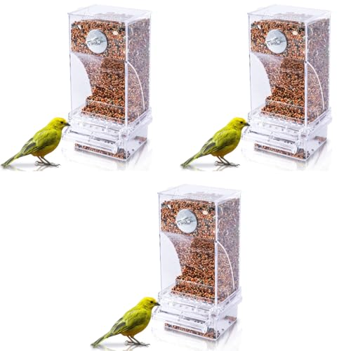 Qpets® Bird Feeder for Cage, Food Parrot Seed Feeders with Perch, Acrylic Transparent Container Cages for Lovebirds Parakeets - 3.35 x 2.95 x 7.28 inches 3PCS