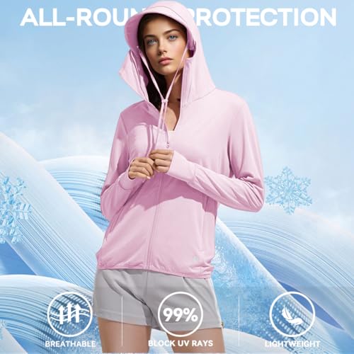 Venzina® Women's UPF 50+ Sun Protection Jacket Lightweight Sunscreen Hoodie for Hiking Outdoor Long Sleeves Sun Shirt Cooling UV Clothing with Pockets, Pink Purple, M