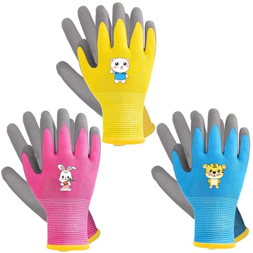 HASTHIP® 3 Pairs Kids Rubber Gloves Gardening Gloves Rubber Coated Gloves Kids Gloves Safety Gardening Gloves Protective Rubber Coated Gardening Gloves Digging Field Trip Gloves for Kids 5-9 Years Old