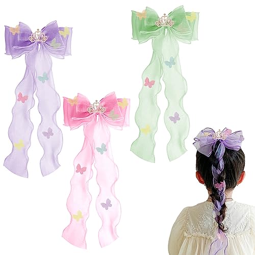 SANNIDHI® 3pcs Ribbon Bow Hair Clips for Girls, Rhinestone Crown Hair Bows Clip Set, Cute Stylish Butterfly Applique Hair Accessories for Kids Toddler Girls Princess Dress up