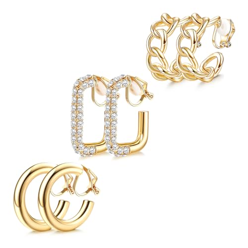 SANNIDHI® 3 Pairs Golden Clip-on Earrings for Women Minimalist Chic Geometric Women Earrings Loop Earrings Cuff Earrings Non-pierce Clip-on Earrings