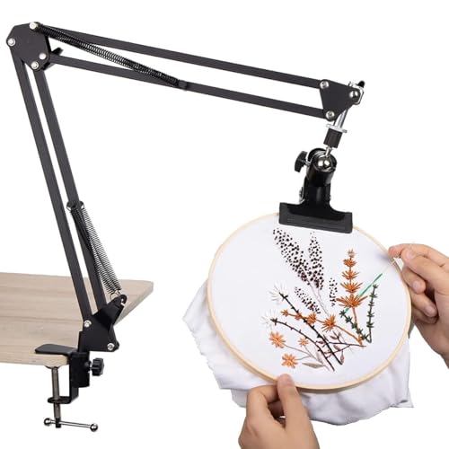 PATPAT® Embroidery Hoop Holder Metal Embroidery Hoop Stand 360° Adjustable Embroidery Stand Retractable Arm Design Screw Fixing Desk Embroidery Hoop Stand Third Hand for DIY Embroidery Craft
