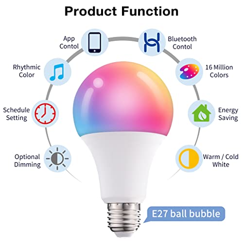 ELEPHANTBOAT® 2Pcs 10W Bluetooth Smart Light Bulb RGBW LED Light Controlled by APP, Sync to Music, Dimmable 16 Millions Color Desk Lamp (B22)