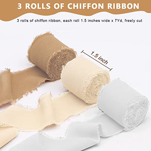 HASTHIP® 3 Rolls Chiffon Ribbons Set Fringe Fabric Silk-Like Ribbons for Gifts Wrapping, Wedding Invitations, Party Decoration, Bridal Bouquets, DIY Crafts(1.5"x7Yd Per Roll) (Beige)