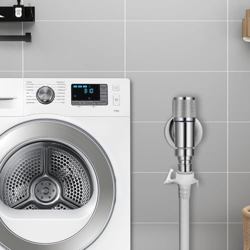 HASTHIP® Washing Machine Faucet Stainless Steel Automatic Water Stop Valve Snap Universal Dishwasher Angle Valve Laundry Tap with Adapter Chrome Finish 3PCS
