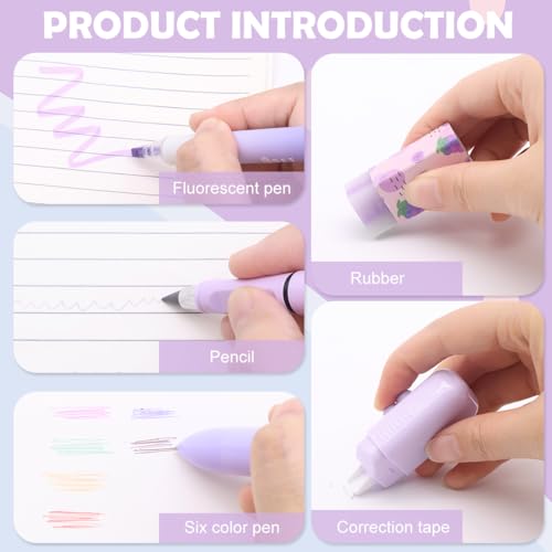 OFIFO® 6-Piece Cute Purple Stationery Set - Includes 6-in-1 Ballpoint Pen, Gel Pen, Long-Lasting Pencil, Eraser, Correction Tape, Highlighter, Suitable for School and Children's Gifts