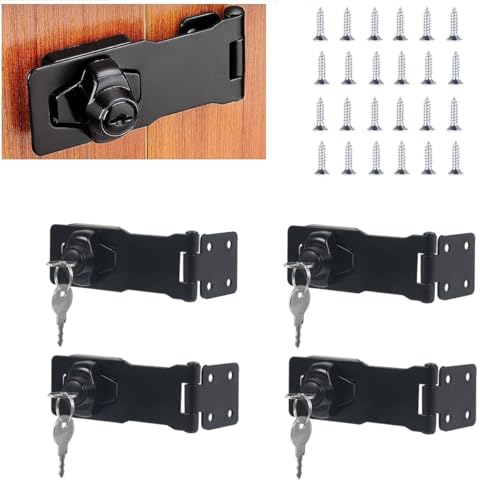 HASTHIP® 4 Set Door Lock with Key Locking Hasp Stainless Steel Knob Key Latch for Drawer Lock Cupboard Locks for Wardrobes Hasp Lock Catch Latch Safety Locks for Home, Office, Doors - Black