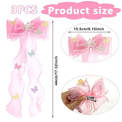 SANNIDHI® 3pcs Ribbon Bow Hair Clips for Girls, Rhinestone Crown Hair Bows Clip Set, Cute Stylish Butterfly Applique Hair Accessories for Kids Toddler Girls Princess Dress up