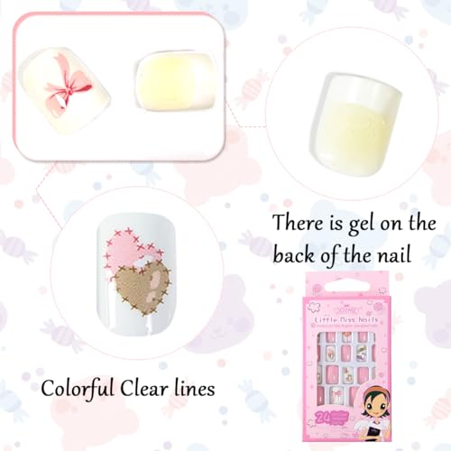 MAYCREATE® 24pcs Kids Press on Nails Children Girls Press on Short Artificial Fake Nails Stick on Cute Pre Glue Full Cover Acrylic Nail Tip Kit Gift for Kids Nail Decoration, Style B