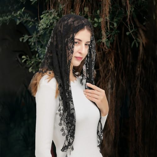 PALAY® Triangle Lace Mantilla Veil Head Scarf Church Mass for Women Embroidery Rose Tassel Ladies Cathedral Covering Wedding Bridesmaids Black 3PCS