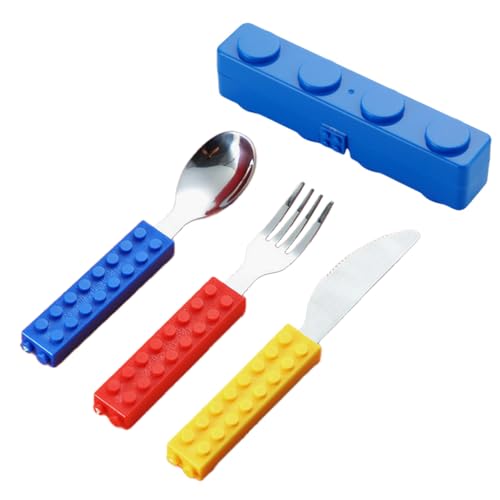 Supvox® Set of 3 Interlocking Block Kids Silverware-Non-BPA, Stainless Steel Silverware (3 Years Up)-Multicolor