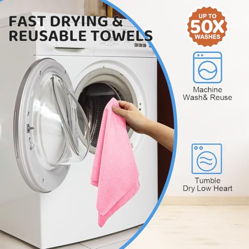 HASTHIP® 15-count Large Microfiber Cleaning Cloth Kitchen Absorbent Cleaning Rags Reusable Washable Rags Traceless Pot Pre-cut Tear Away Microfiber Kitchen Towels,25x60cm,Pink