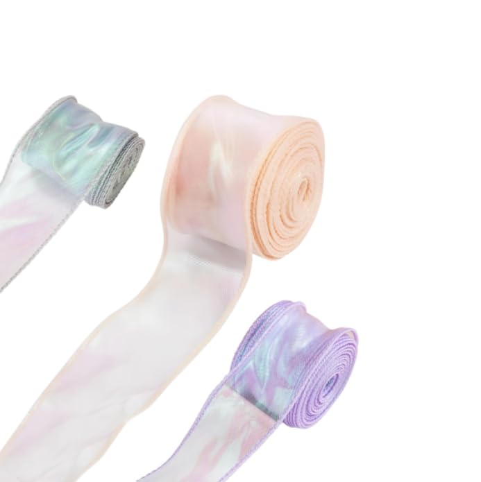 ZIBUYU Organza Ribbon for Gift Wrapping with Iridescent Sheer Finish 3 Rolls 30 Yards | Multicolor Craft Decoration
