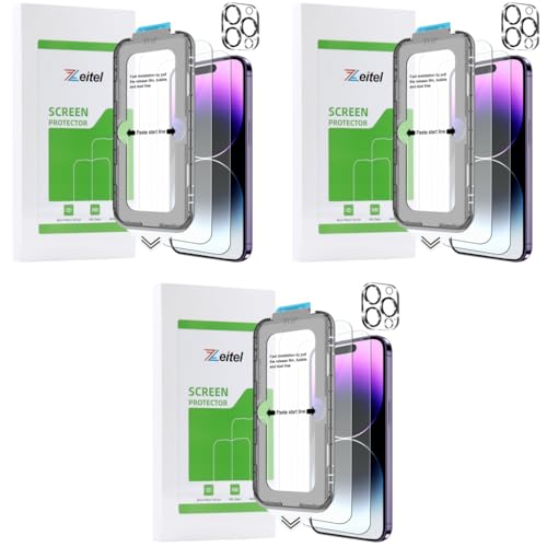 Zeitel® Tempered Glass for iPhone 14 Pro Max 6.7 Inch Anti Fingerprint Screen Protector Auxiliary Installation Kit 2 Scratch Resistant Protectors 1 Lens Protector 3PCS