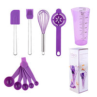 HASTHIP® 10Pcs Measuring Spoons Cups Silicone Kitchen Utensils Spoon Set, Include Egg Strainer, Oil Brush, Scraper, Egg Beater, Silicone Cooking & Baking Tool, BPA-Free, Dishwasher Safe (Purple)