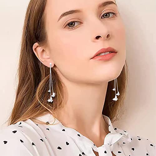 ZIBUYU® 1 Pair Butterfly Dangle Earrings for Women and Girl Long Eardrops Studs Earrings Silver Pearl Tassel Earrings Birthday Anniversary Jewelry Gift for Women (Butterfly)