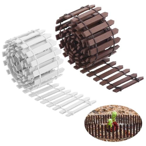 ORTIZA® Miniature Garden Fence Decorative - Wood Picket Fence for DIY Miniature Garden - White & Brown Decorative Fence - Garden Fencing for Plant Pots Decor, DIY Miniature Fairy Garden Decor (2Pcs)