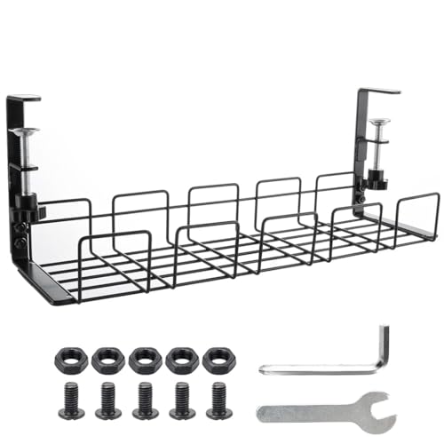 OFIFO® No Drill Under Desk Cable Management Tray, Space-Saving Rack, Sturdy Metal Wire Organizer Basket for Office and Home Standing Desk, 40x13x15cm (White)