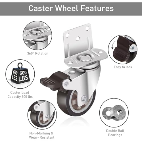 HASTHIP® 4 Pcs Swivel Caster Wheels Set Locking Casters Swivel Caster Wheels 2-Inch Small Rubber Caster Wheels Heavy Duty 600lbs Moving Wheel Casters for Furniture, Baby Bed, Kitchen, Cabinet 12 PCS
