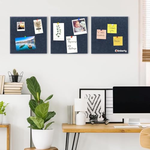 Climberty® 6-Piece Felt Board Bulletin 30x30cm Self-Adhesive Wall Panel with 50 Pushpins Message for Notes Photos Schedules Blue 3PCS