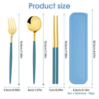 HASTHIP® 3 Pcs Premium Gold Stainless Steel Fork Spoon Chopsticks, Portable Utensils with Box, Travel Camping Cutlery Set, Stainless Steel Flatware Set (Blue)