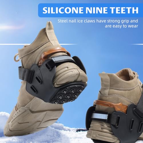 Proberos® Spikes Ice Crampons Shoe Grips, with 9 Steel Spikes and Reflective Strips, Stainless Steel Anti-Slip Traction Cleats for Winter Hiking, Mountain Roads, Outdoor Walking, for Shoe Size UK 7-10