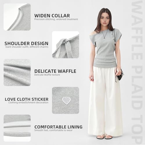 SANNIDHI® Womens Summer Off Shoulder Tops Casual Loose Waffle Knit Short Sleeve Lightweight Solid Color Blouses Short Sleeve T Shirts One Shoulder Tops Trendy Sexy Cute Tunic Tee, XL
