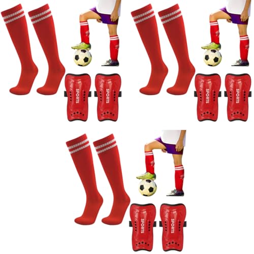 Proberos® Sport Compression Sock Shin Guards Set 14 Inches Knee High for Girls 5-10 Years Old Sweat Absorption High Elastic Long Soccer Basketball Red 3PCS