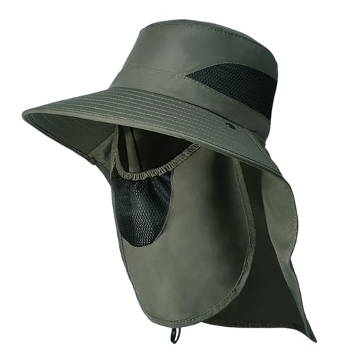 HASTHIP® Sun Hat Wide Brim Hat Hiking Hat UV-Protection Sun Hat with Neck Flap & Removable Face Cover Outdoor Unisex Sun Hat with Chin Strap, Breathable Sun Hat for Hiking, Fishing, Gardening, Green
