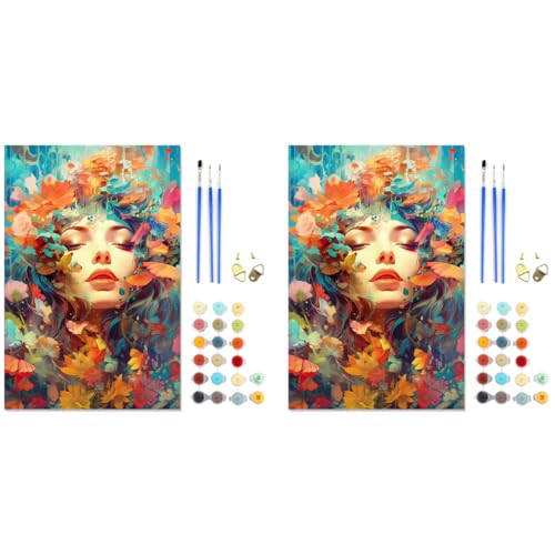 HASTHIP® Paint by Numbers Kits for Adults and Kids Canvas DIY Digital Oil Girls and Flowers Wall Decor Modern Home Frameless 16x20 inch 2 PCS