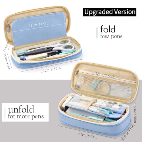 HASTHIP® Large Capacity Pencil Case, Durable Storage Multiple Compartment Double Zipper Portable Capacity Pencil Pouch for College Student Teen, 22x11cm (Light Blue) 2 PCS