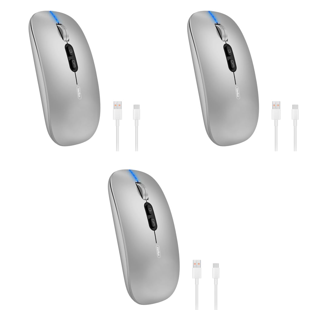Verilux Wireless Mouse Rechargeable with Visible Battery Level 3 Modes 1600DPI Silver | for Laptop Mac PC iPad