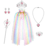 PATPAT® 7Pcs Princess Cape Set Girls Cloak With Tiara Princess Crown,Wand,Necklace,Ring,Earrings,Princess Costumes Dress Up For Girls Fancy Dress Birthday,Party,Halloween Costume,Christmas,Multicolor