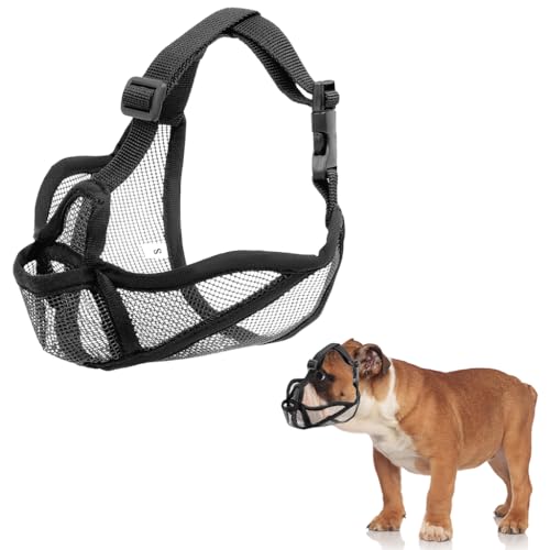 Qpets® Mesh Dog Muzzle, Breathable Dog Muzzle for Bulldog, Adjustable Quick Release Buckle Design Bulldog Use Summer