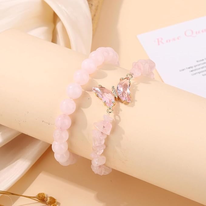 SANNIDHI Amethyst Bracelet for Women with Butterfly Charm and Pink Crystal Beads | Stretchable Layered Design